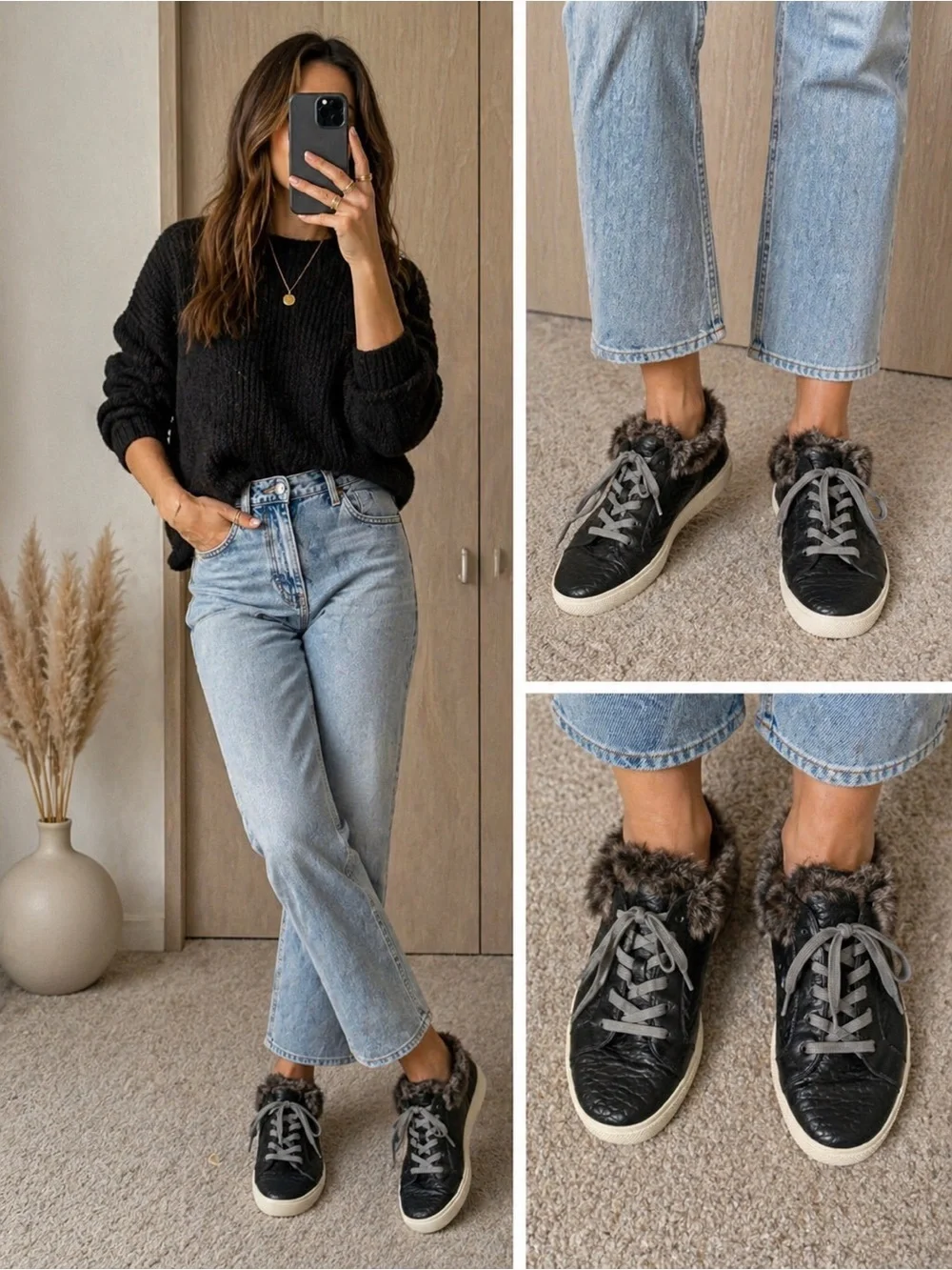 Vince Camuto Black Faux-Fur Trim Lace-Up Sneakers Mules